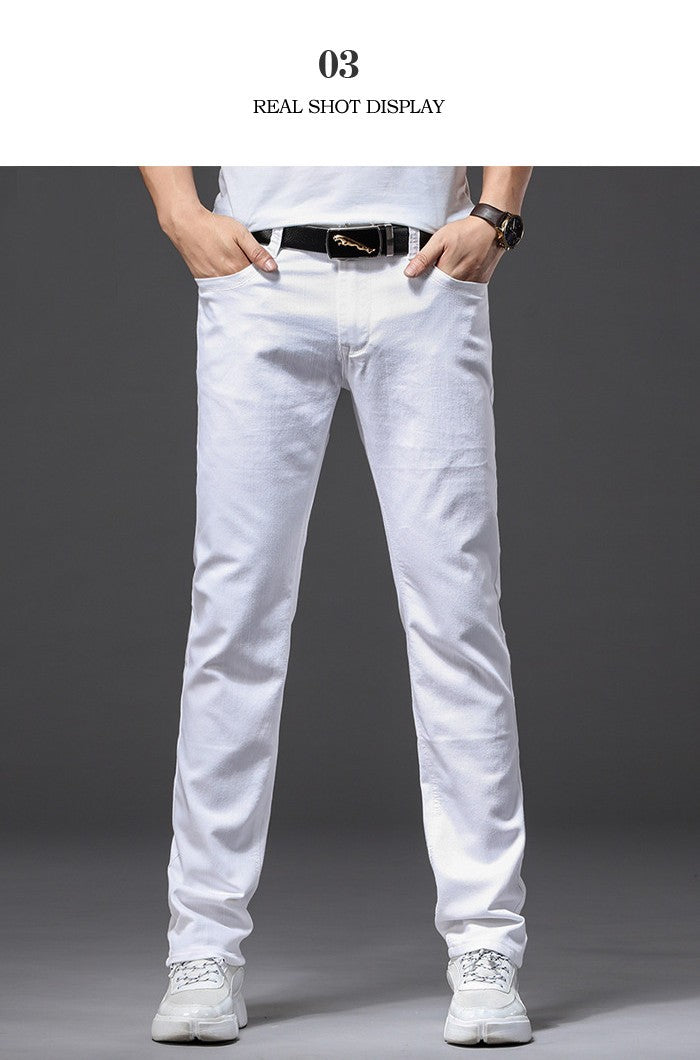 Calça Jeans Masculina Branca Casual Clássica Slim Fit Macia Marca Masculina Avançada Stretch