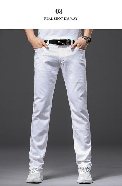 Calça Jeans Masculina Branca Casual Clássica Slim Fit Macia Marca Masculina Avançada Stretch