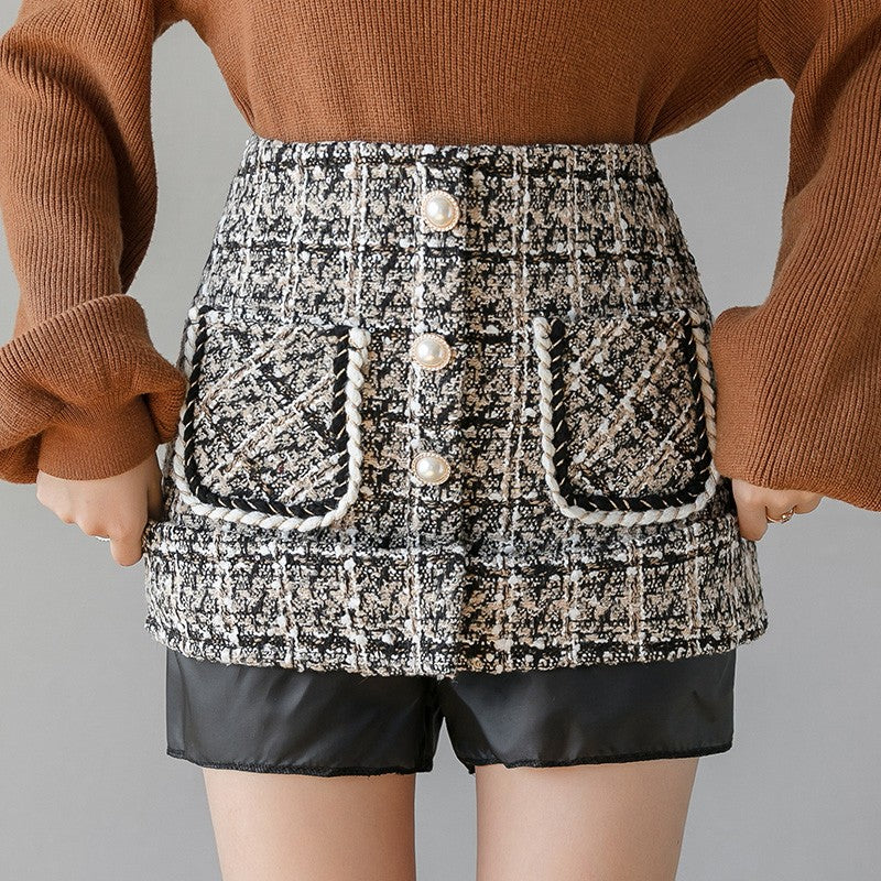 High Waist Single Breasted Women's Tweed Pencil Skirt With Pocket Autumn Winter Plaid Retro Woolen Short Skirts Female