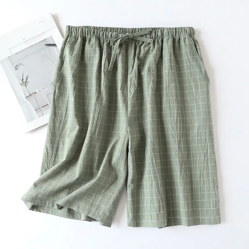 Plaid Design Sleepwear Men Pajama Shorts for Summer Thin Cotton Loose Double-layer Homewear Lounge Wear Checkered Pj Pants