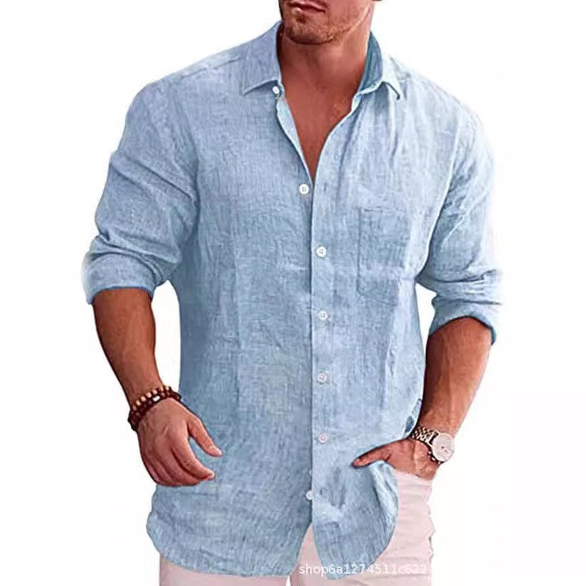 Men's Loose Large Size Solid Color Shirt Linen Collar Long Sleeve Casual Shirt