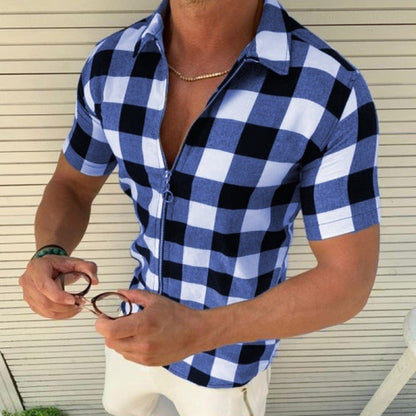 American Style New Retro Zipper Four Sided Elastic Grid Printed Top Men's Slim Fit Cardigan Casual Short Sleeved Shirt