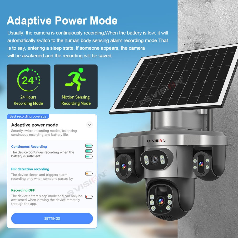 LS VISION Multiple Lens 3 Screen Wifi Outdoor Security Solar  Camera Panoramic Monitor Mobile   Siren Alarm Solar CCTV Camera