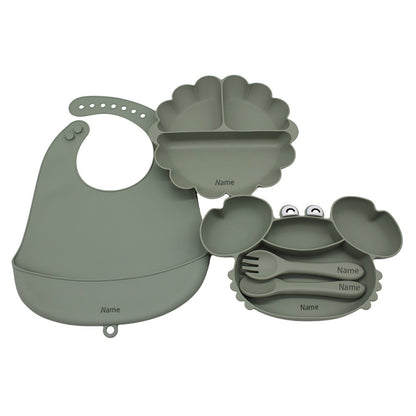 Free Name Printing Children's Tableware Set: Bib, Plate, Fork, Spoon - Silicone Material Personalized Gift