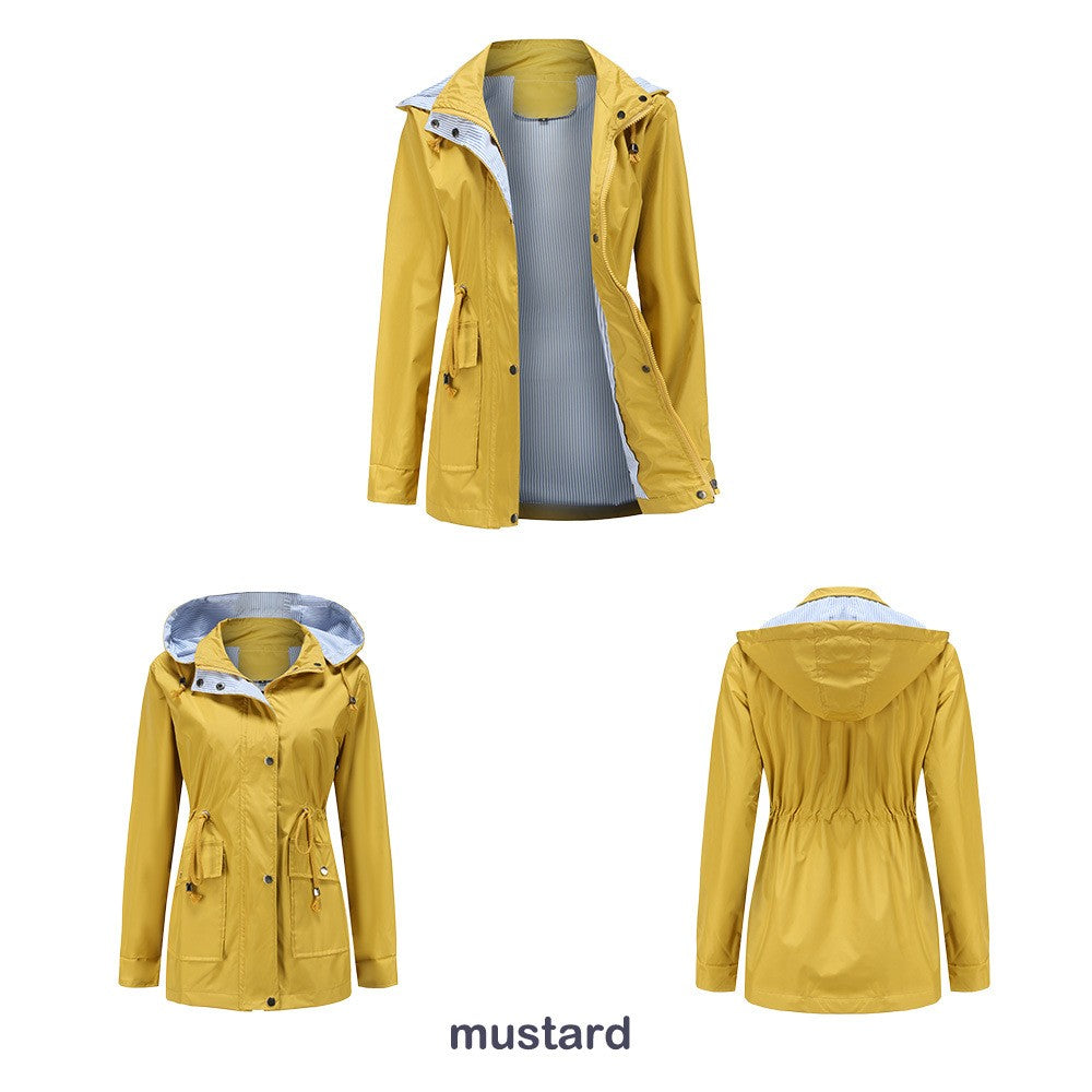 Purple Hooded Jacket for Spring 2025 Women's Office Fashion Women Outerwear Hat with Removable Waist Drawstring Water Proof