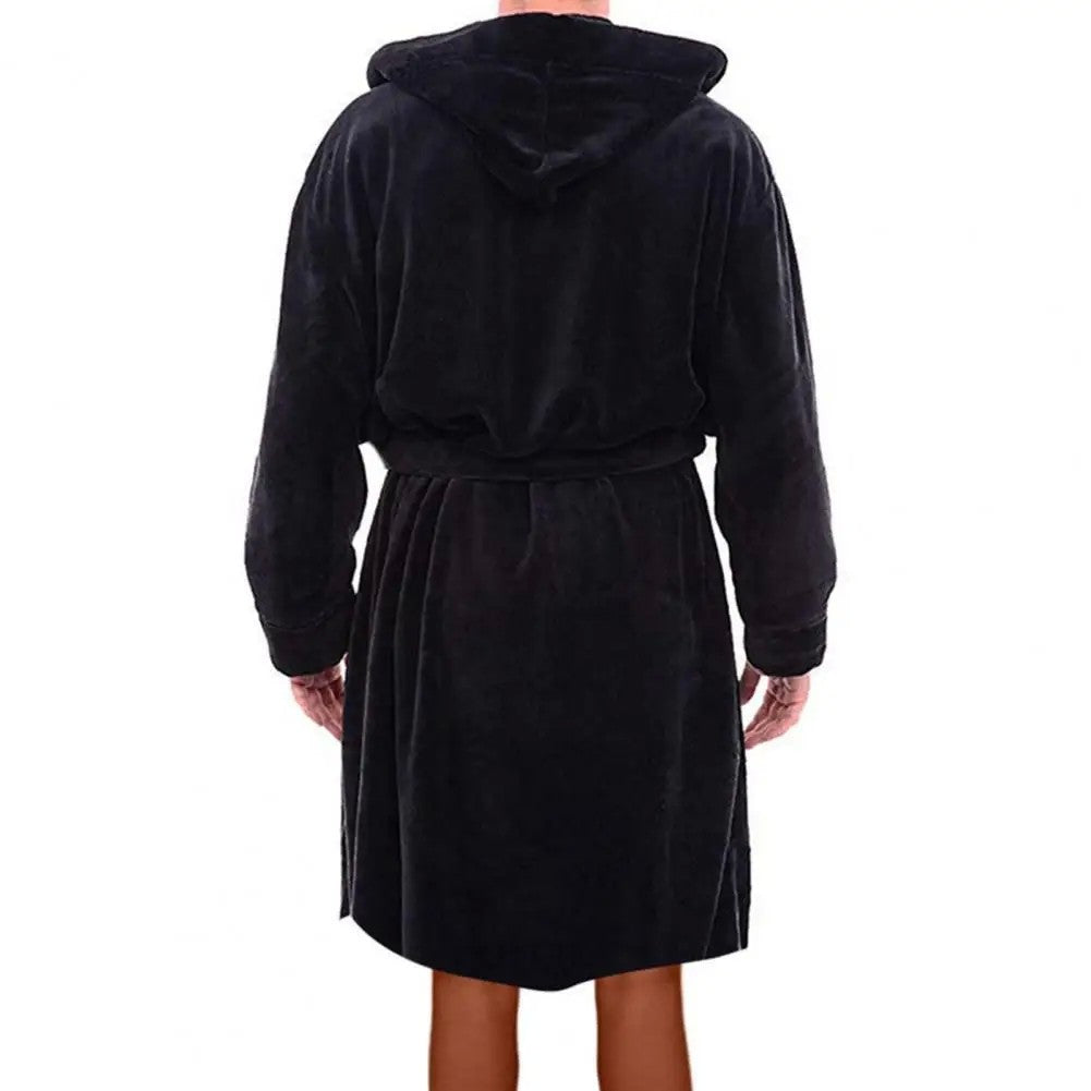 Belt Flannel Bath Robe for Men Hooded Pockets Warm Men Nightgown Men Plush Bathrobe Sleepwear Home Clothes Loose Pajamas Robe