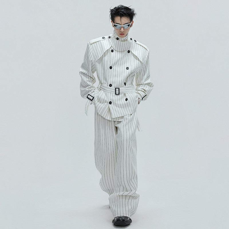 LUZHEN Fashion Stripe Printed Stand Neck Double Breasted Male Coat 2025 Autumn New Handsome Straight Casual Trousers Men JY4780