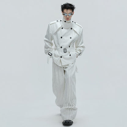 LUZHEN Fashion Stripe Printed Stand Neck Double Breasted Male Coat 2025 Autumn New Handsome Straight Casual Trousers Men JY4780