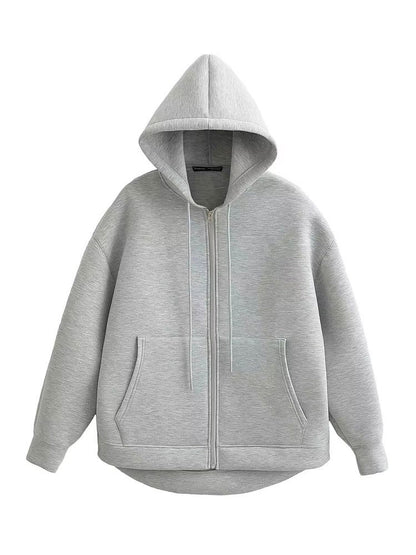 HH Autumn Women Gray Jacket With Hood Long Sleeve Big Pocket Zipper Jacket Coat Woman Loose Casual Outerwear Coat Tops