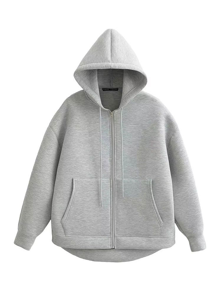 HH Autumn Women Gray Jacket With Hood Long Sleeve Big Pocket Zipper Jacket Coat Woman Loose Casual Outerwear Coat Tops
