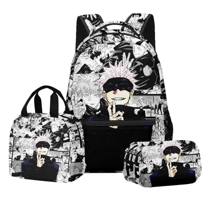 Anime Estampa Digital Jujutsu Kaisen Conjunto Escolar Mochila Grande Capacidade Lancheira Estojo de Lápis 2 Camadas 3 Peças Presente para Menino