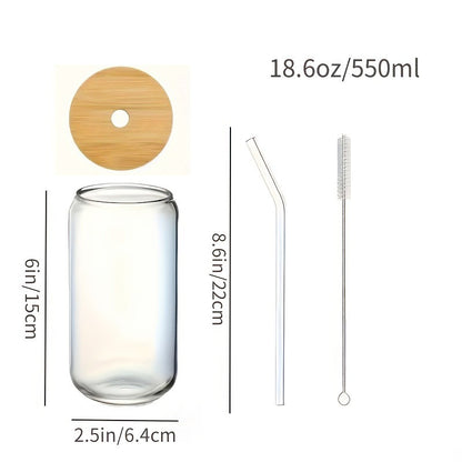 6 Copos de Vidro de 550ml com Tampa de Bambu e Canudo de Vidro - Copos para Cerveja, Café Gelado, Copos Estéticos Fofos Ótima