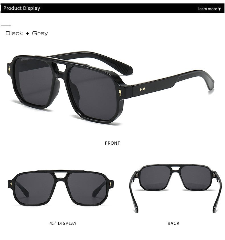 SO&EI Vintage Double Bridges Men Square Sunglasses Fashion Clear Ocean Lens Eyewear Women Trending Rivets Sun Glasses UV400