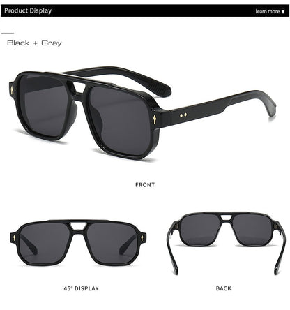 SO&EI Vintage Double Bridges Men Square Sunglasses Fashion Clear Ocean Lens Eyewear Women Trending Rivets Sun Glasses UV400