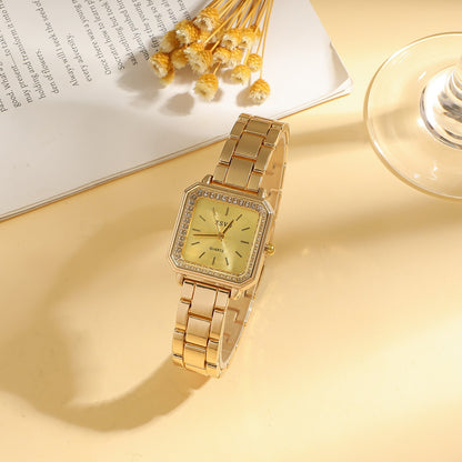 Vintage Gold Fashion Watch Set Square Plate Watch Chain Bracelet Geometric Accessories Orange Gift Box