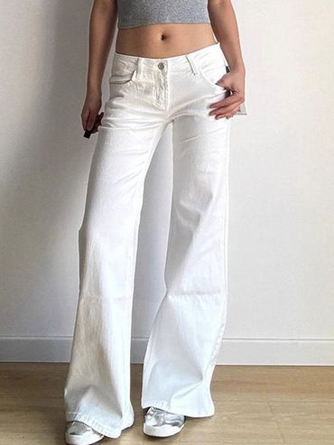 Low Waist White Denim Jeans Women's Spring Autumn 2025 New Design Slim Fit Bell Bot Wide Leg Pants Stand Fit Jeans