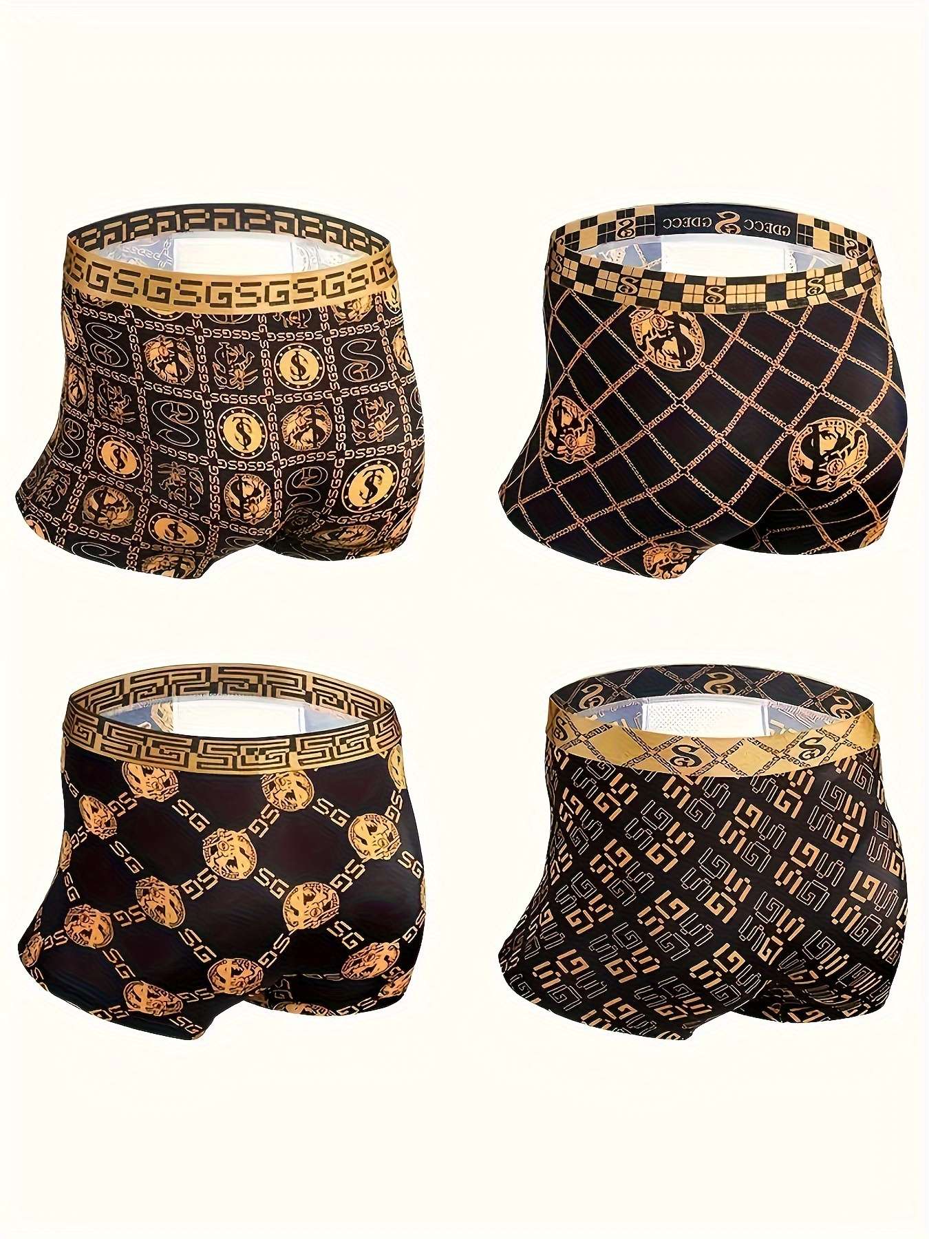 4pcs with Gift Boxed Men's Underwear Boxer Briefs, Ice Silk Trunks Calzoncillos Underpants, Wicking Breathable Luxury Black Gold