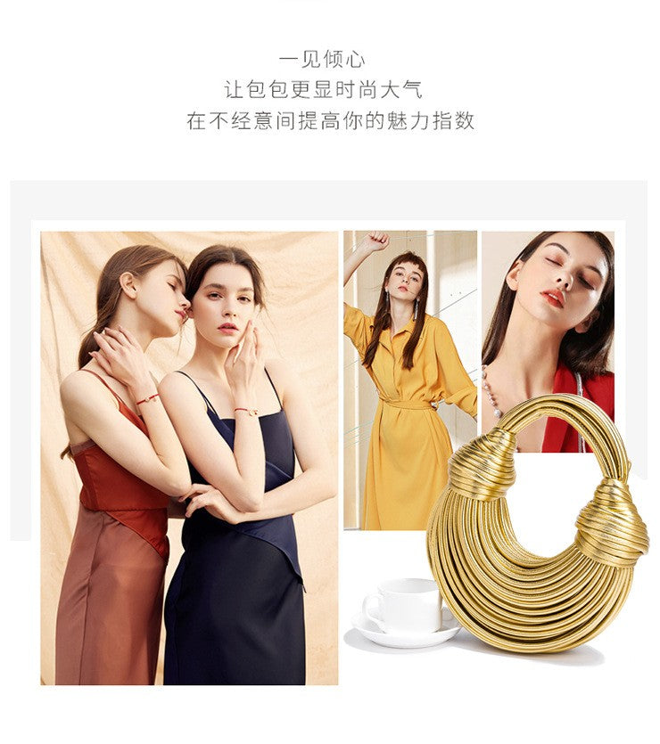 2024 New Gold Handbags for Women Luxury Designer Brand Handwoven Noodle Bags Rope Knotted Evening Clutch Underarm Dumpling Bag