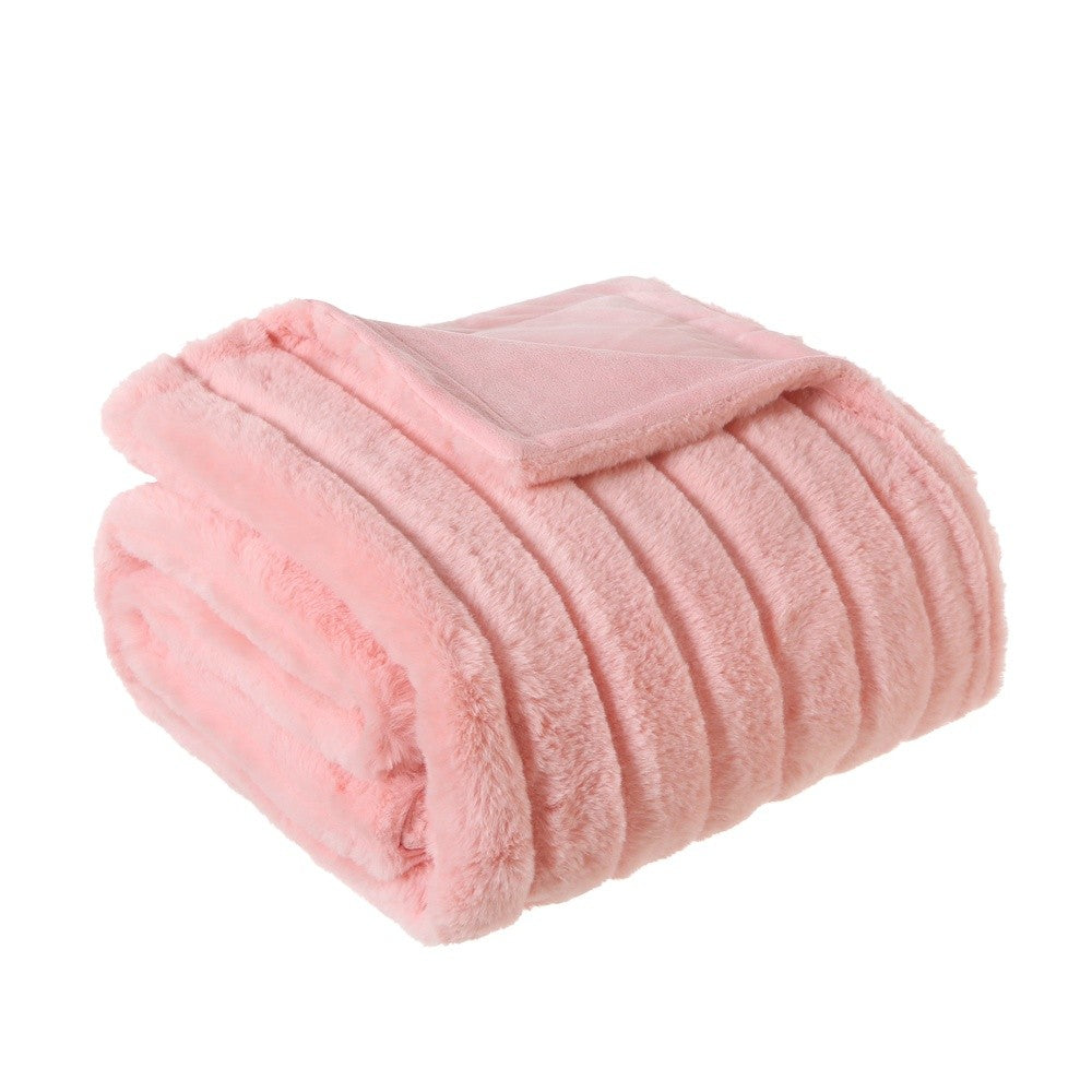 Luxurious Pink Stripe Faux Fur Throw Blanket 50x60 Super Soft Micro Mink Reversible Machine Washable Cozy Home Decor