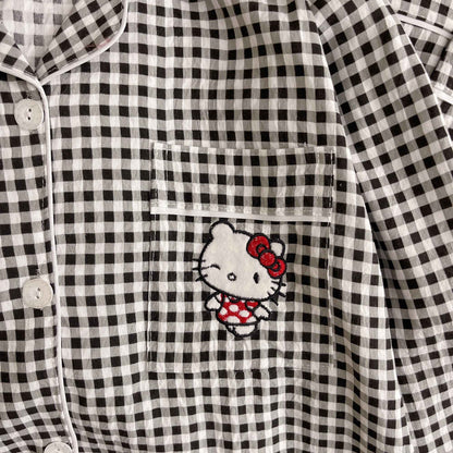 Hello Kitty Embroidered Women's Pajamas Set Fall Spring Plaid Print Loungewear Long Sleeve Cardigan Top and Pants Home Sleepwear