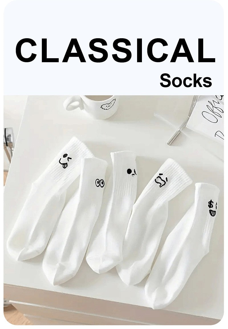 5/10/20 Pairs Men White Cartoon Socks Trendy Versatile Expression Socks With Simple Soft Breathable Comfortable Casual Socks
