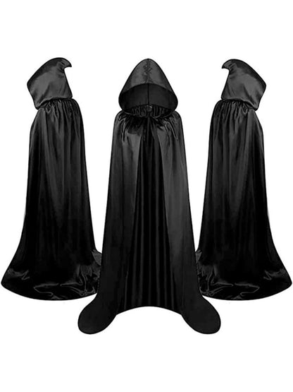 1 Piece of Halloween Cape with 3 Sizes Available. It is a black Grim Reaper cloak made of satin, featuring a stand-up collar