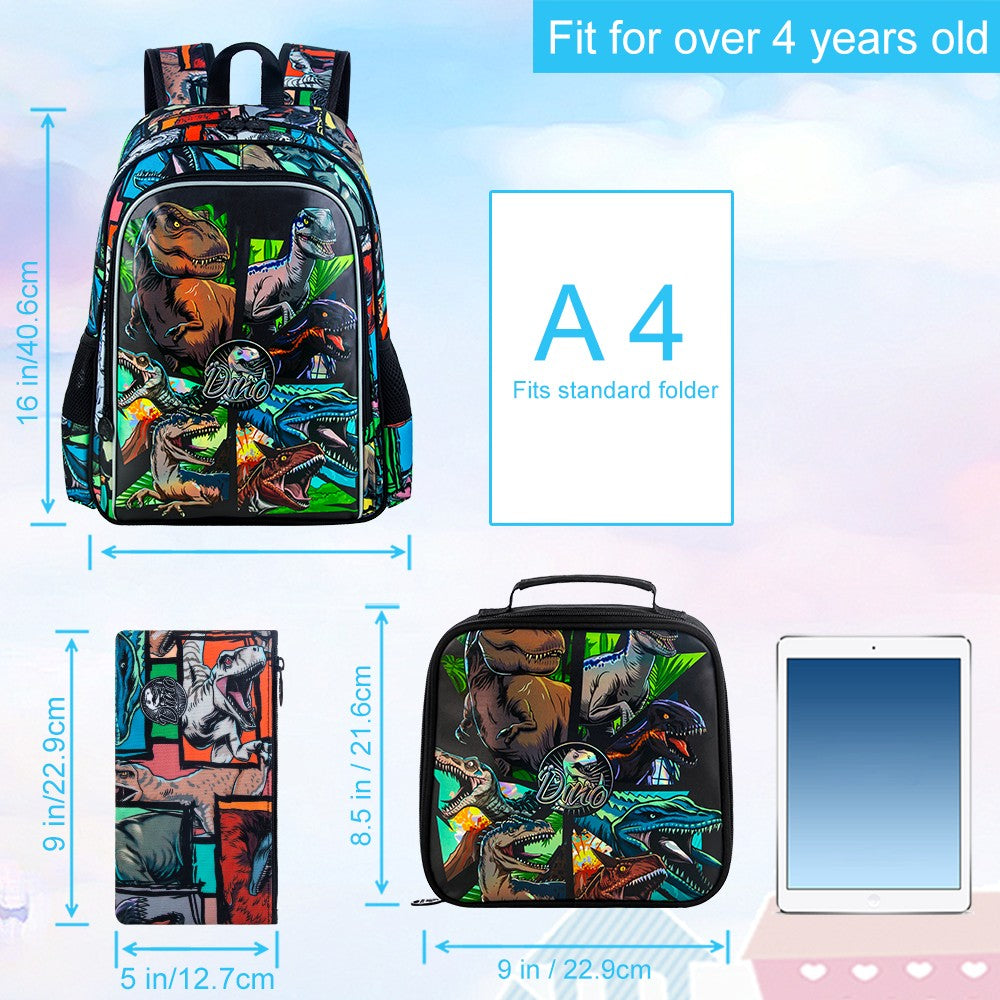 Mochila 3 Peças para Meninos, Mochilas Infantis de Dinossauro 16 Polegadas, Mochilas Escolares Legais para Ensino Fundamental e Pré-escola
