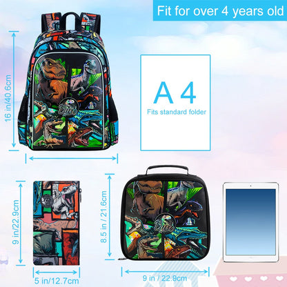 Mochila 3 Peças para Meninos, Mochilas Infantis de Dinossauro 16 Polegadas, Mochilas Escolares Legais para Ensino Fundamental e Pré-escola