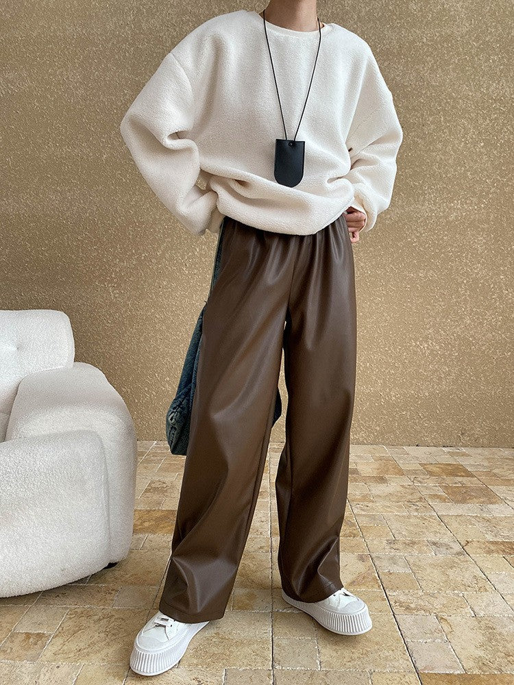 High Elastic Waist Coffee Pu Leather Long Wide Leg Pants New Trousers Women Fashion Tide Spring Autumn