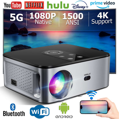 Projetor LED 4K Android HORLAT T3N 1500 Ansi Lumens Vídeo Full HD 1080P 8K Home Theater Keystone Automático WiFi 5G Portátil