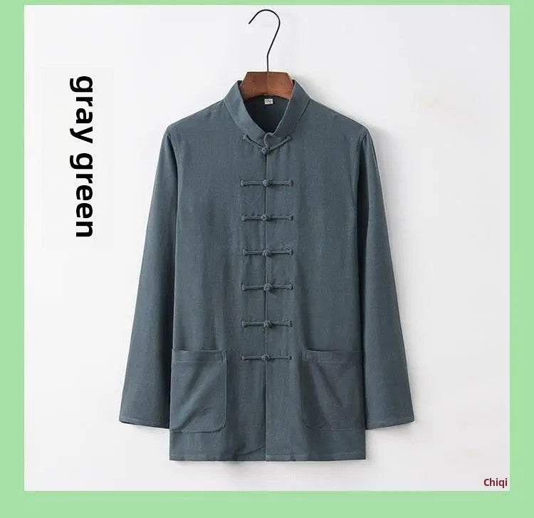 Spring Summer Long Sleeve Thin Men's Shirt Tang Suit Bamboo Cotton Linen Casual Vintage Chinese Style Kung Fu Tai Chi Tea Shirt