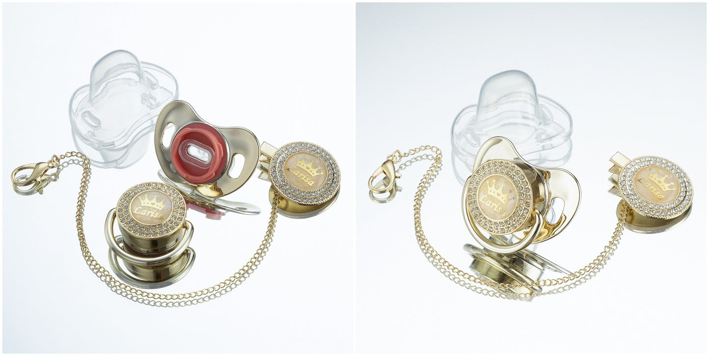 Miyocar Bling Custom Pink Brave Lion Pacifiers Bring 3 Replacement Silicone Teat Include All Size for Boy Girl Baby Shower Gift