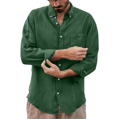 Men's Lapel Collar Shirt, Solid Color Long Sleeve Button-Down Loose Simple Blouse with Chest Pocket