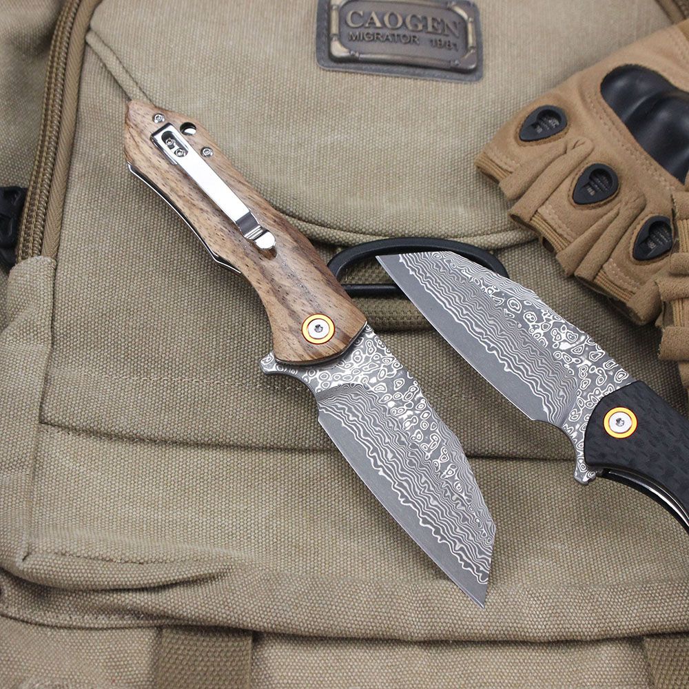 Damascus Pattern Folding Knife Wood Handle Portable Outdoor Self-defense Pocket knife High Hardness EDC Camping Kitchen Knives