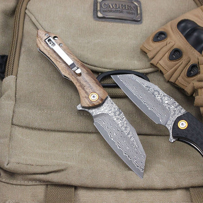 Damascus Pattern Folding Knife Wood Handle Portable Outdoor Self-defense Pocket knife High Hardness EDC Camping Kitchen Knives