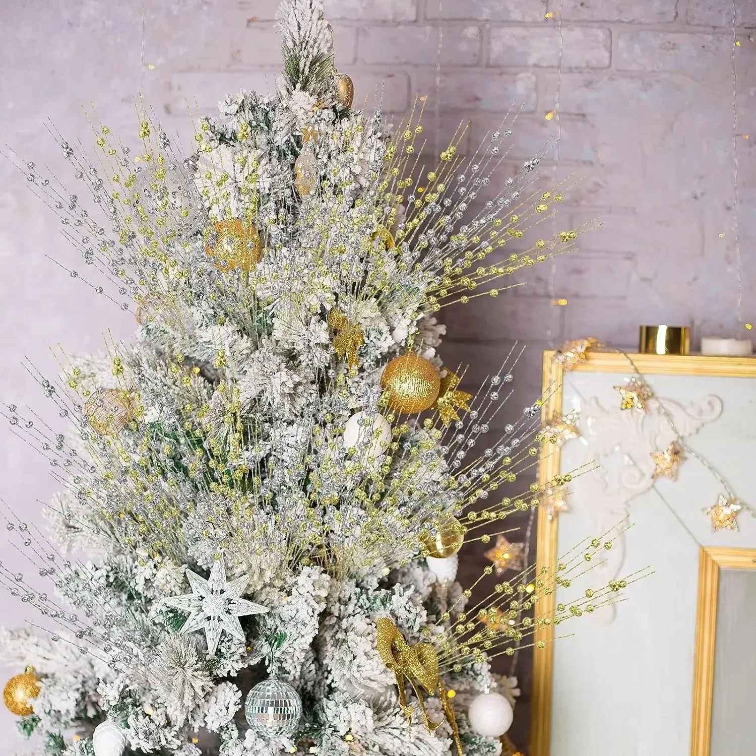 1-10pcs Gold Christmas Decorative Flash Artificial Berry Stem Decor for Christmas Tree DIY Wreath Fireplace Holiday Crafts Gifts