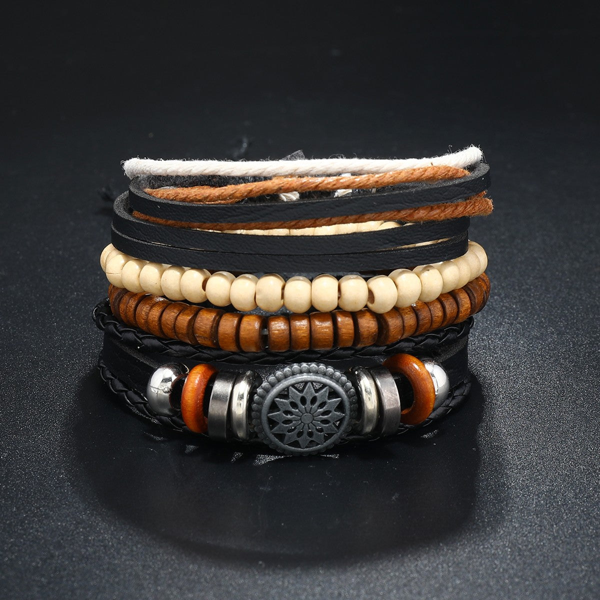 Conjunto de 4 Pulseiras Masculinas Trançadas de Couro com Fecho, Vintage Árvore da Vida Leme, Miçangas de Madeira, Étnicas Tribais, Bracelete de Corda