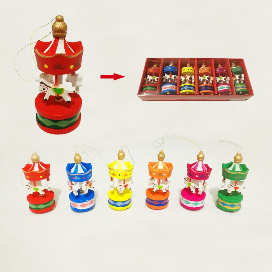 Christmas Wooden Carousel Horse Miniature Ornaments Christmas Tree Hanging Pendants New Year Gift Toy For Kid Home Party Decor