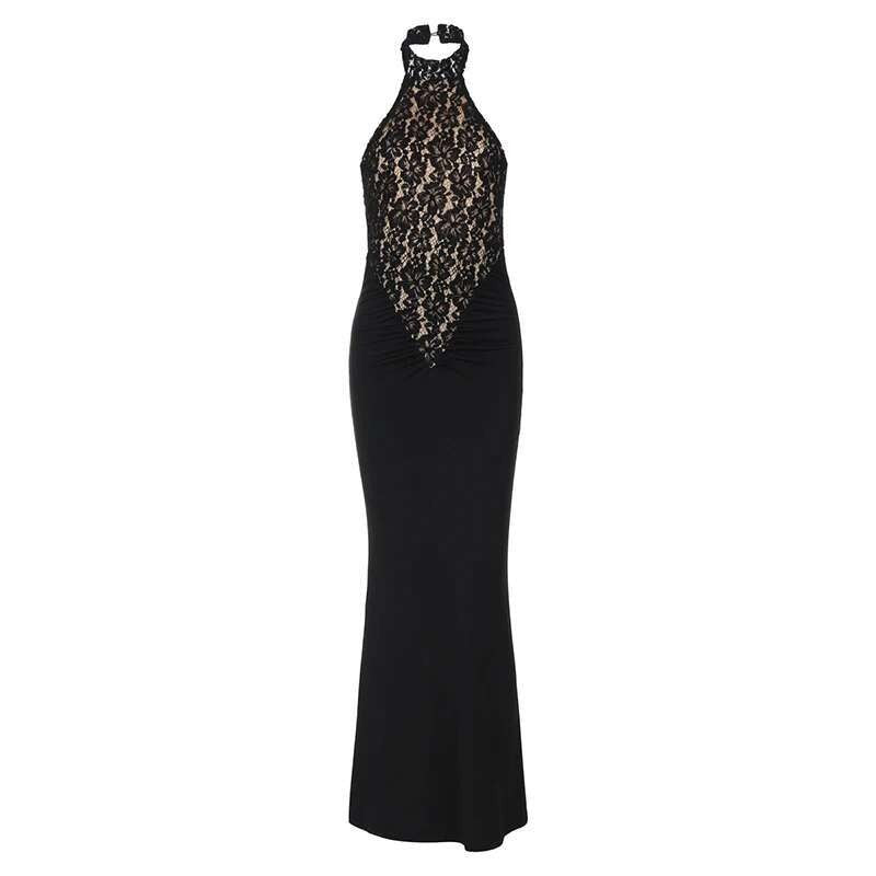 Mozision Lace Halter Backless Sexy Maxi Dress For Women Black Off-shoulder Strap