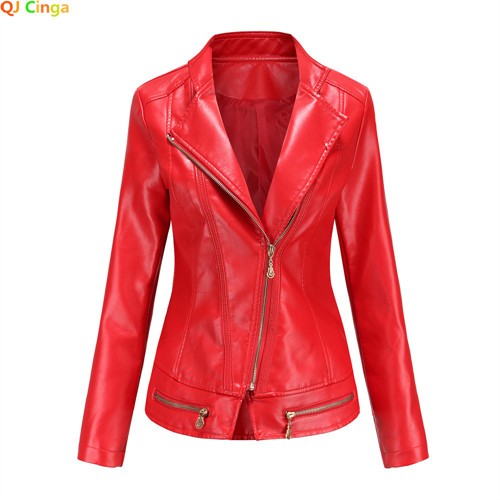 Women's Bright Red Lapel PU Jacket, Zippered Embellished Leather Jackets, Women Fashion Casual Coat of Female Outerwear