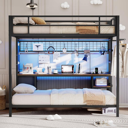 Full Size Over Twin Bunk Bed with Desk and Charging Station Metal Loft Bed with Led Lights & Storage Shelves