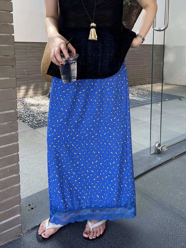 Ezgaga Skirts Women Elegant Floral Printed Lace Patchwork 2025 Summer Fashion Vintage Sweet Ladies Long Skirt Casual Chic