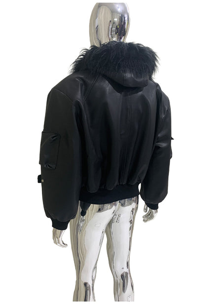 Mauroicardi Autumn Winter Short Oversized Black Warm Pu Leather Jacket Men with Faux Fur Trim Hood Loose Casual Korean Fashion