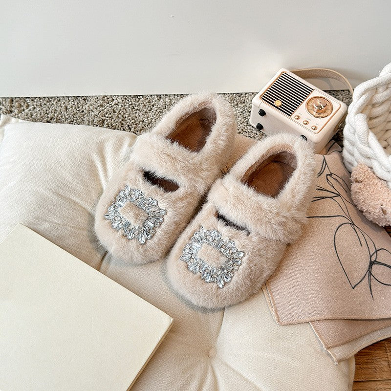 2025 Autumn Winter Children Warm Fur Shoes Fashion Rhinestone Moccasins Flats Outwear Girls Shoes Khaki, Beige, White
