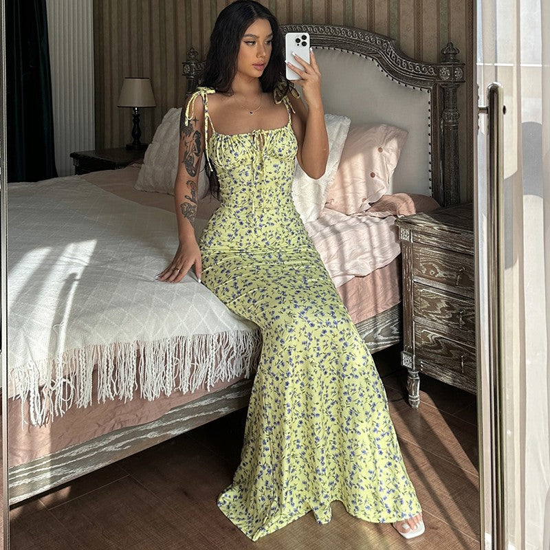 Hugcitar Floral Print Sleeveless Backless Slips Lace Up Maxi Dress Sexy Bodycon