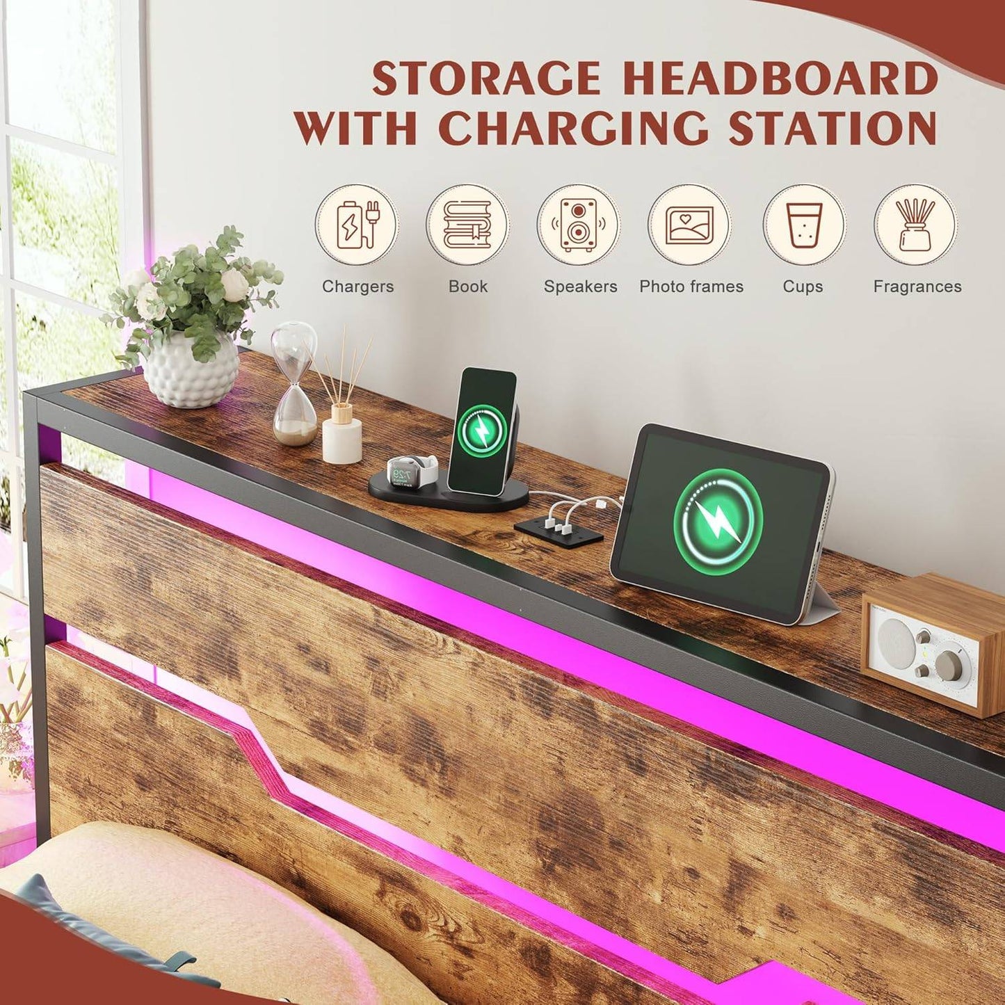 Queen Bed Frame with Headboard,Queen Size Bed Frame with LED Lights & Charging Station & 13" Under Bed Storage, All-Meta