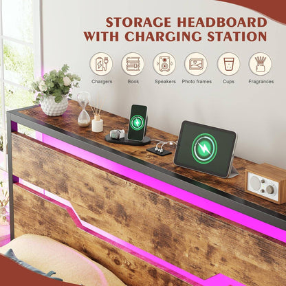 Queen Bed Frame with Headboard,Queen Size Bed Frame with LED Lights & Charging Station & 13" Under Bed Storage, All-Meta