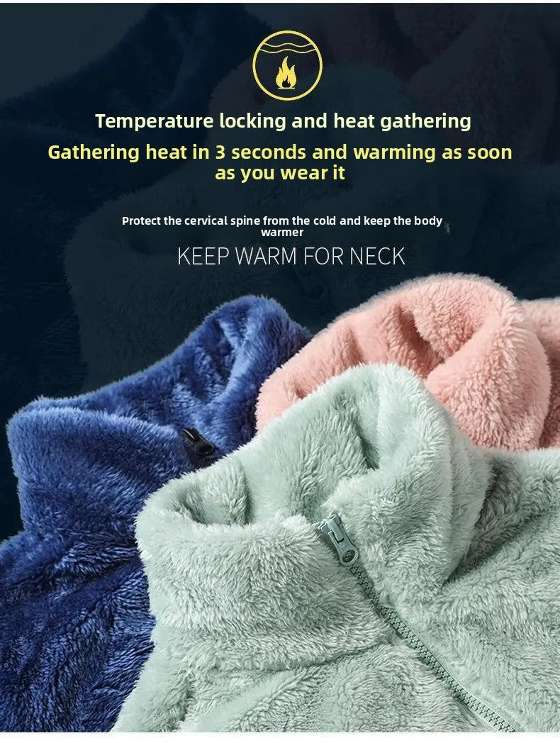 Thickened Fleece Jacket Women's Outdoor Spring Autumn Winter Double-Sided Sweatshirt Open Cardigan Polyester Fiber Stand Collar