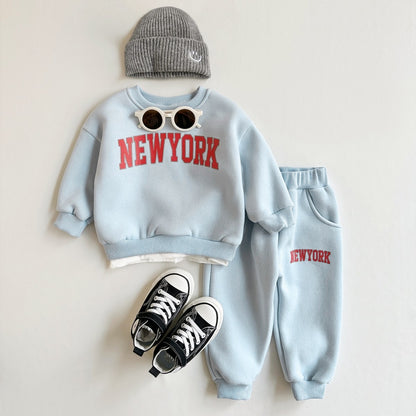 2 Peças Conjunto Roupa Bebê Meninos Meninas Estampa NewYork Top Esportivo Calça Terno Moletom Inverno Roupa Criança Recém-nascido Grosso