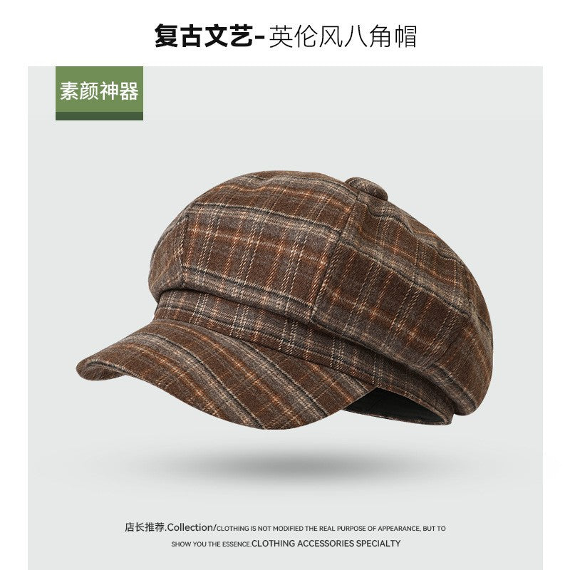 Vintage Plaid Newsboy Cap Women Men British Style Retro Artistic Octagonal Hat Female Male Casual Painter Cap Unisex Fall Winter